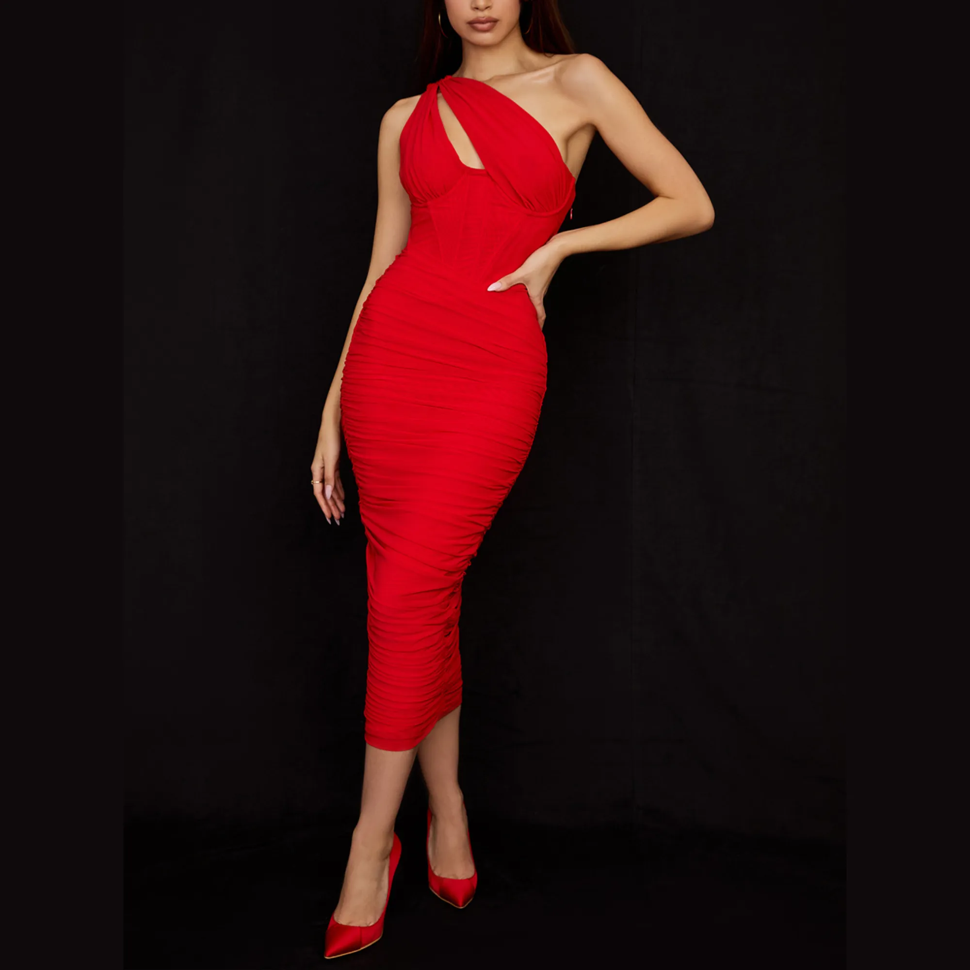 Miracle-  Red Ruched Mesh Bodycon Maxi Dress