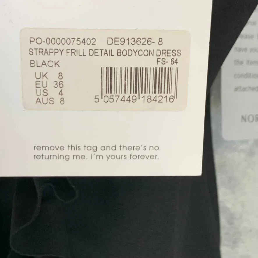 MISSGUIDED Solid Black Strappy Frill Detail Sleeveless Bodycon Mini Dress SZ 4