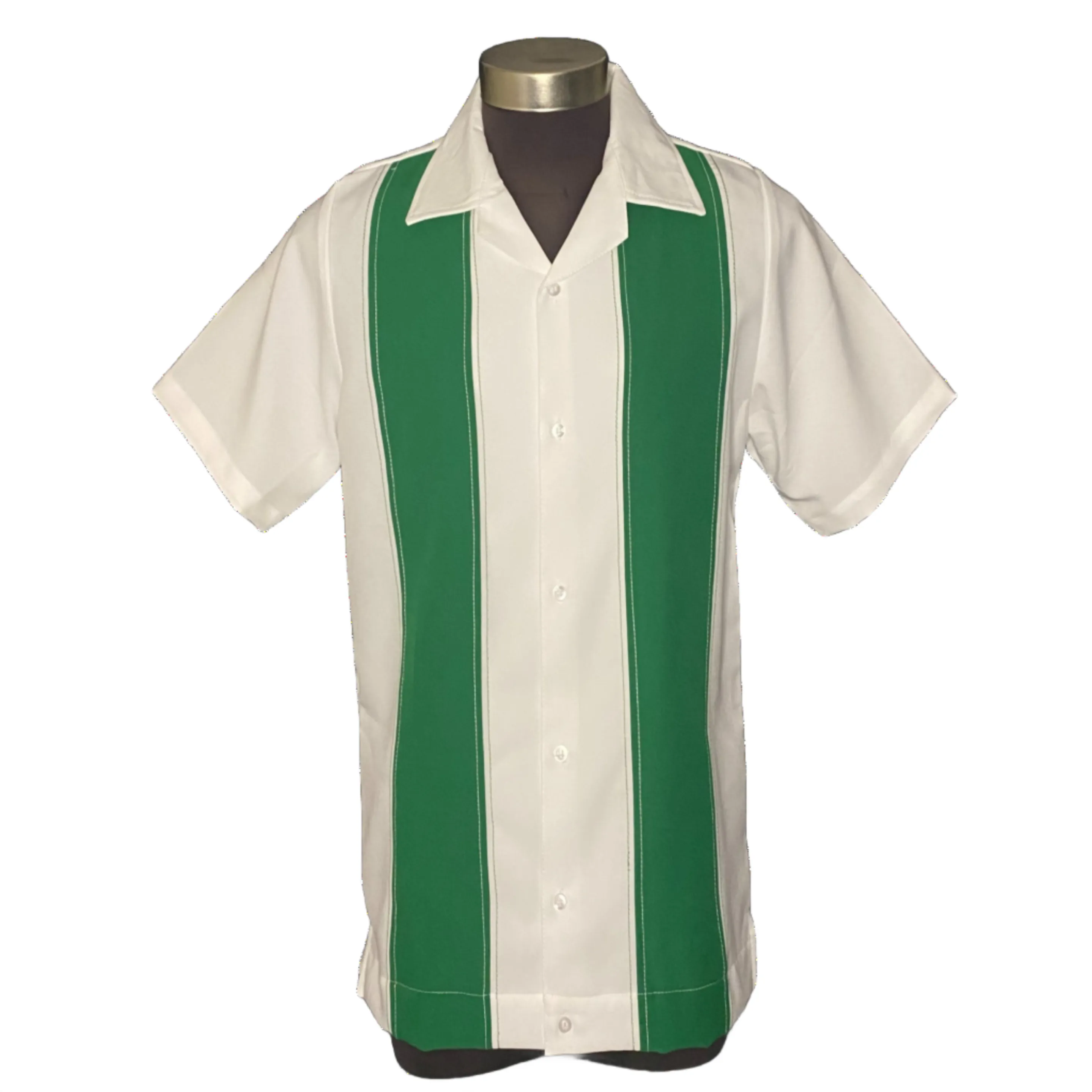 Nifty50's Bodgie Double Panel Men's Retro Bowling Shirts White/Green