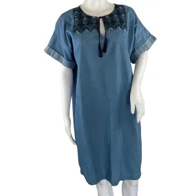 Old Navy Women’s Denim Dress Cuffed Embroidered Yoke Sz L Pre-Owned