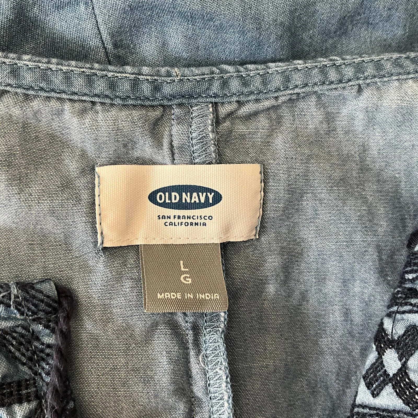 Old Navy Women’s Denim Dress Cuffed Embroidered Yoke Sz L Pre-Owned