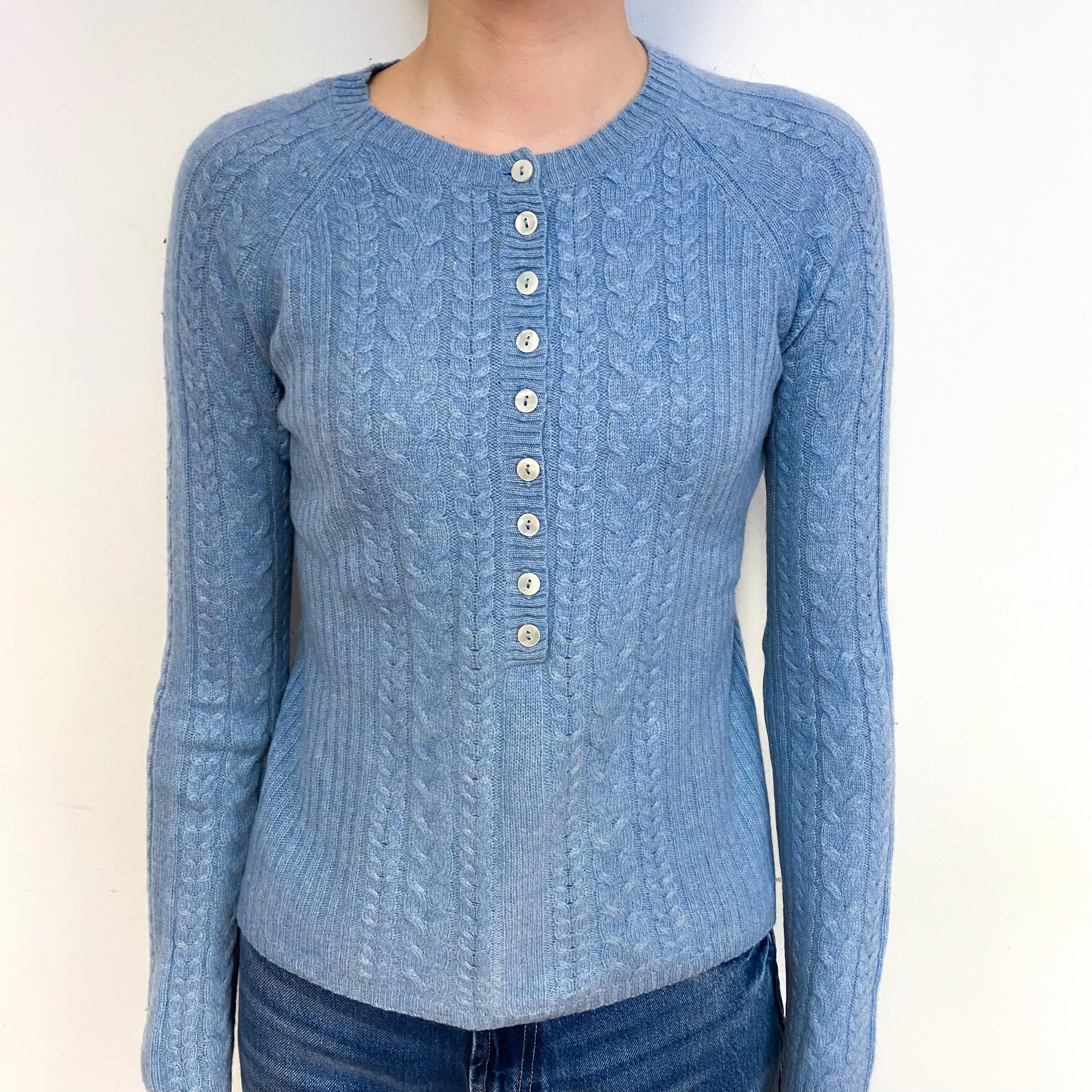 Pale Blue Cable Cashmere Crew Neck Jumper Extra Small