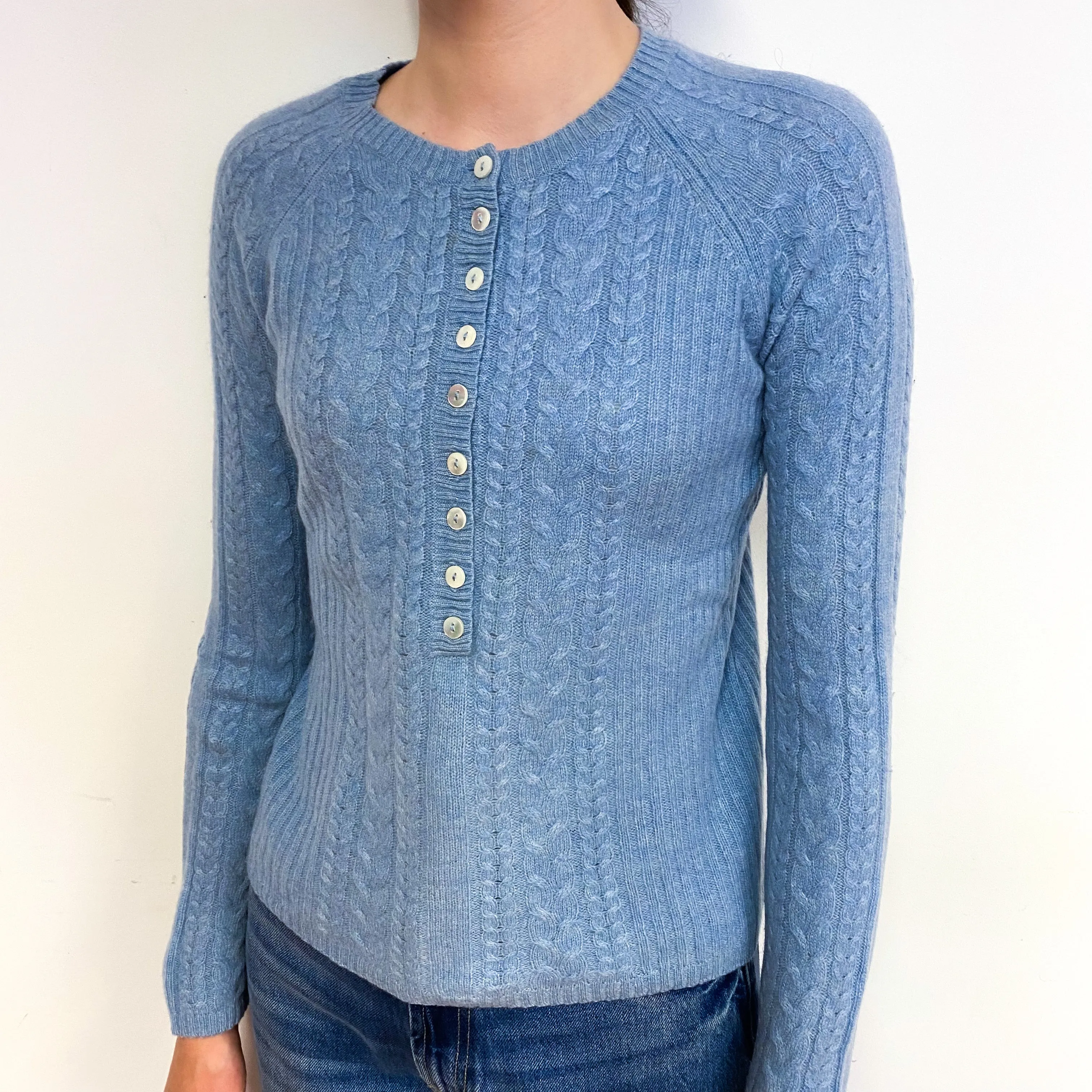 Pale Blue Cable Cashmere Crew Neck Jumper Extra Small
