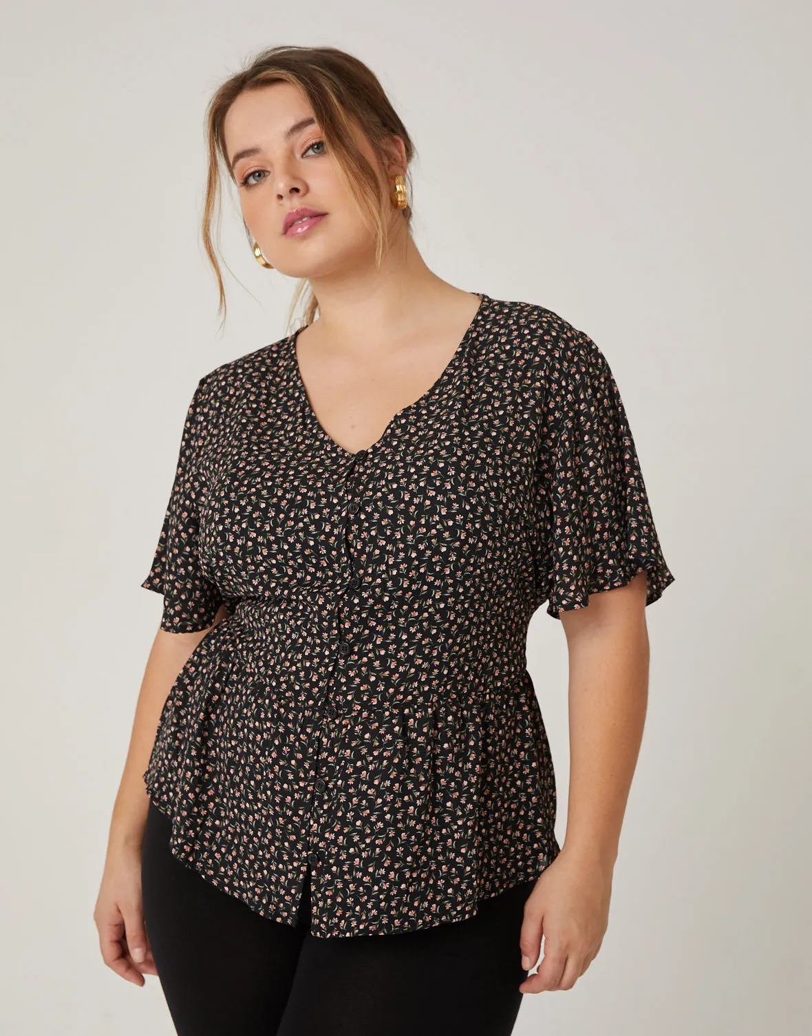 Plus Size Button Front Floral Blouse