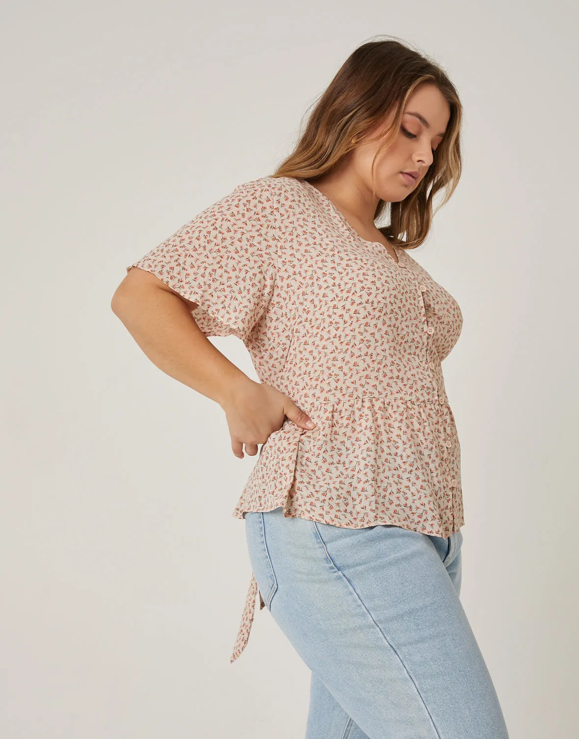 Plus Size Button Front Floral Blouse