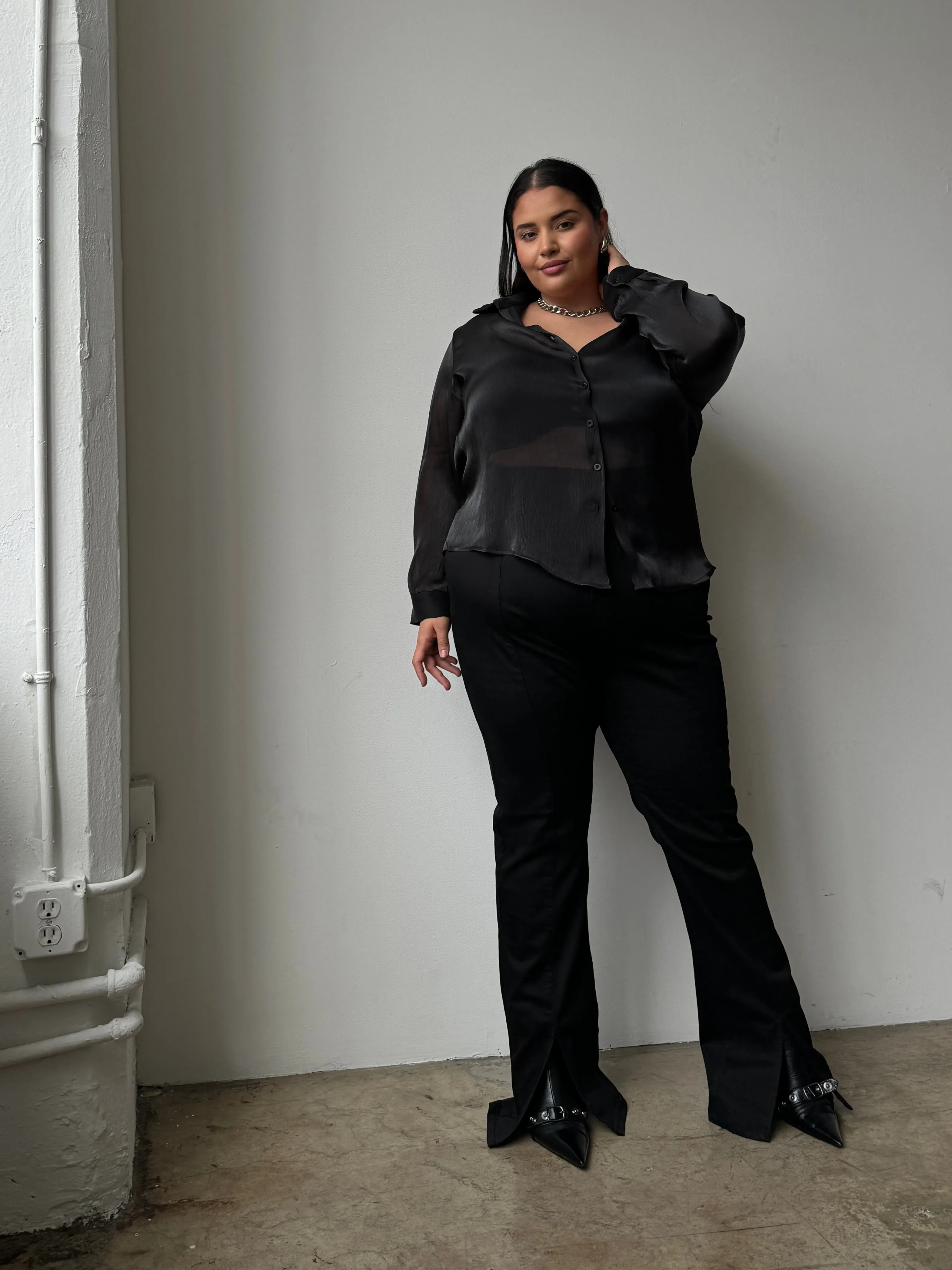 Plus Size Button Front Sheen Blouse
