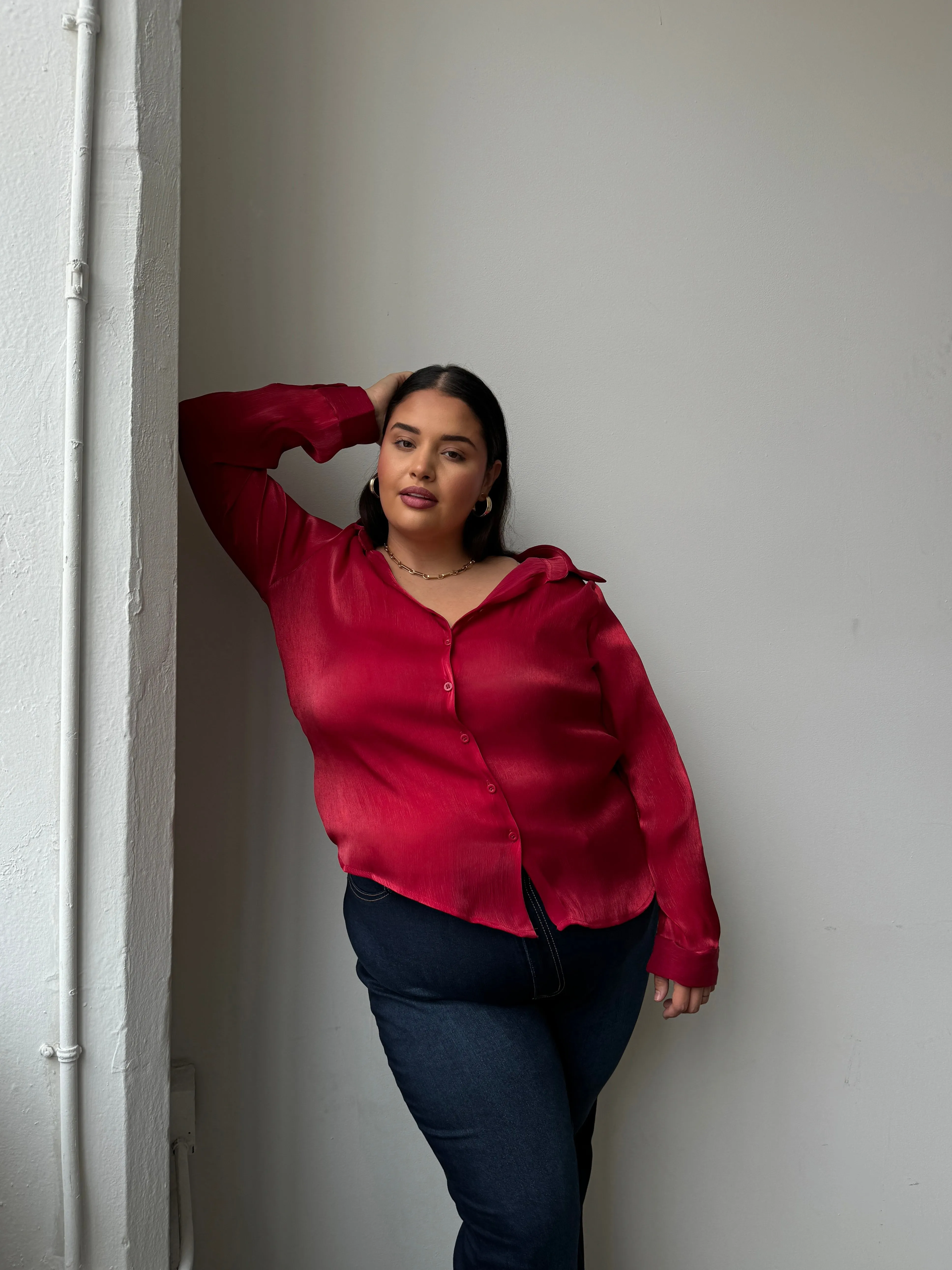 Plus Size Button Front Sheen Blouse