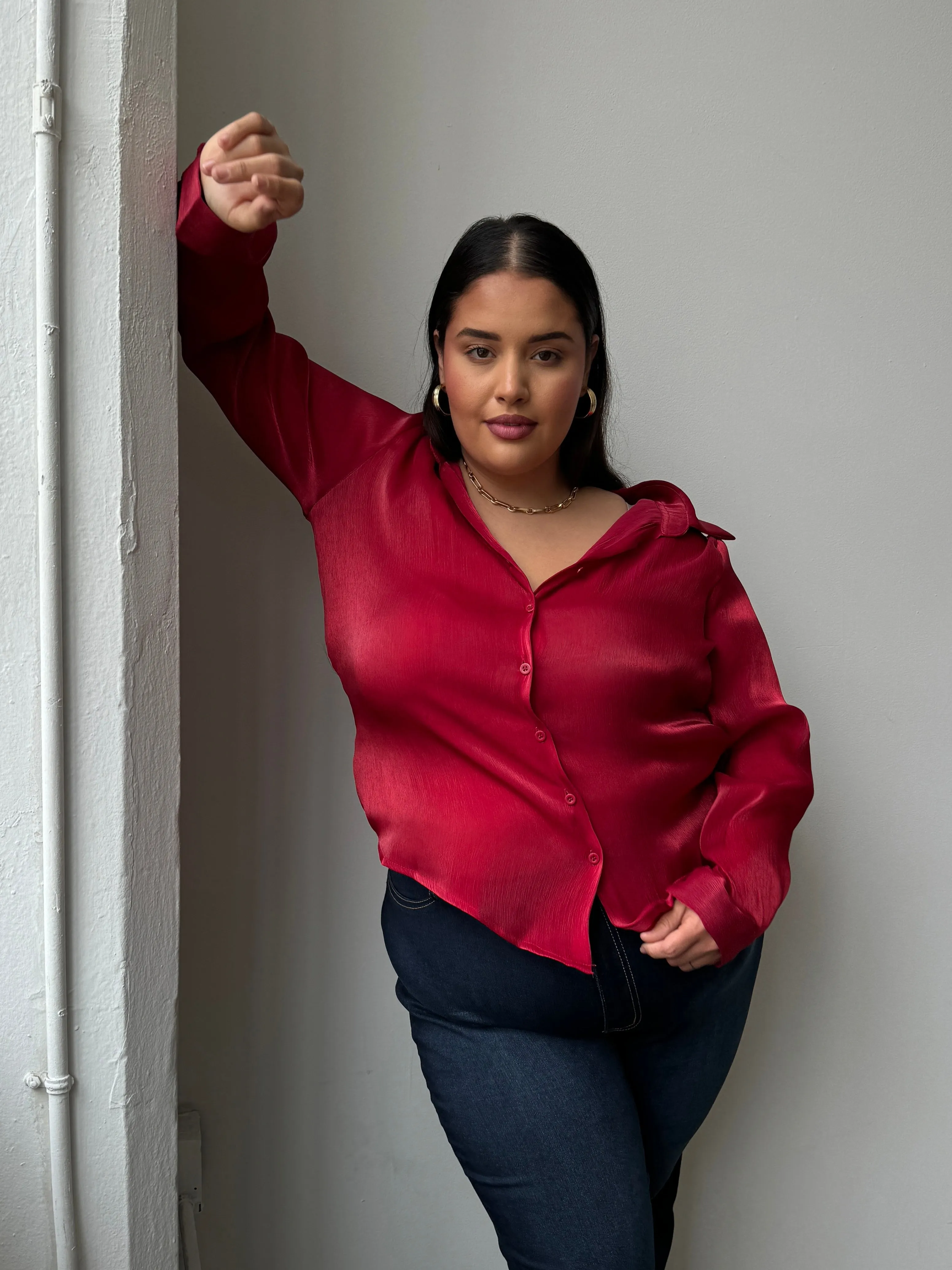 Plus Size Button Front Sheen Blouse