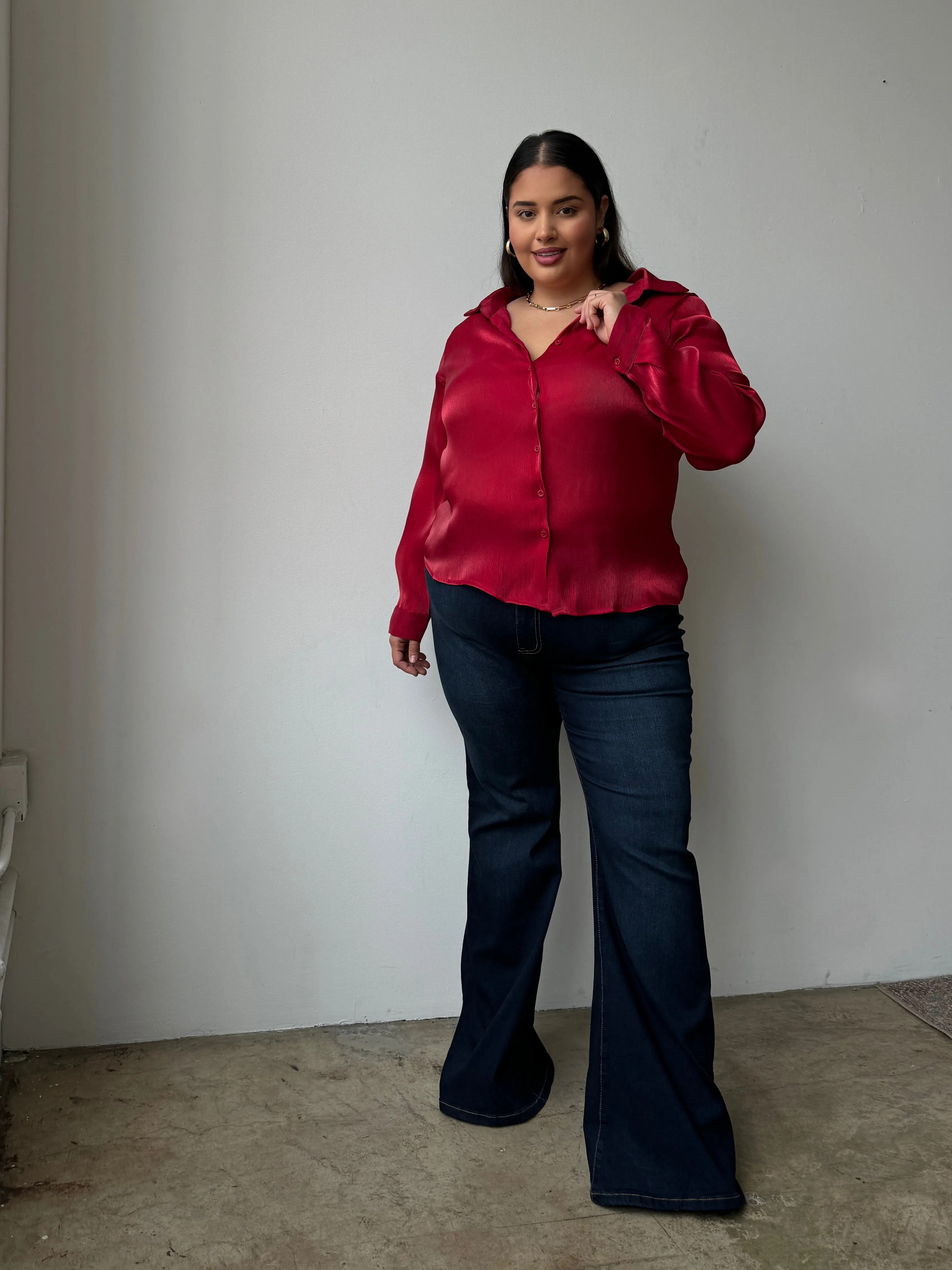 Plus Size Button Front Sheen Blouse
