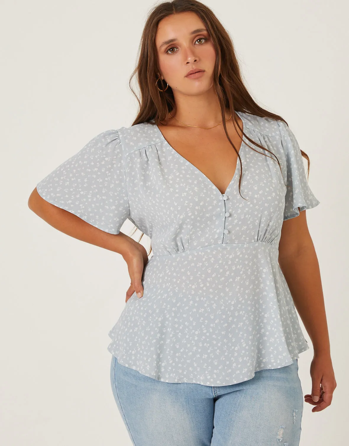 Plus Size Flutter Sleeve Floral Top