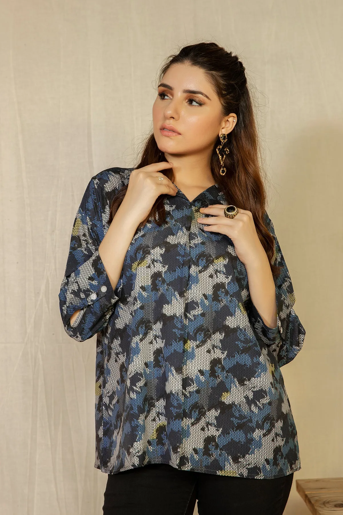 Printed Lapel Collar Top - A21 - WWT0002