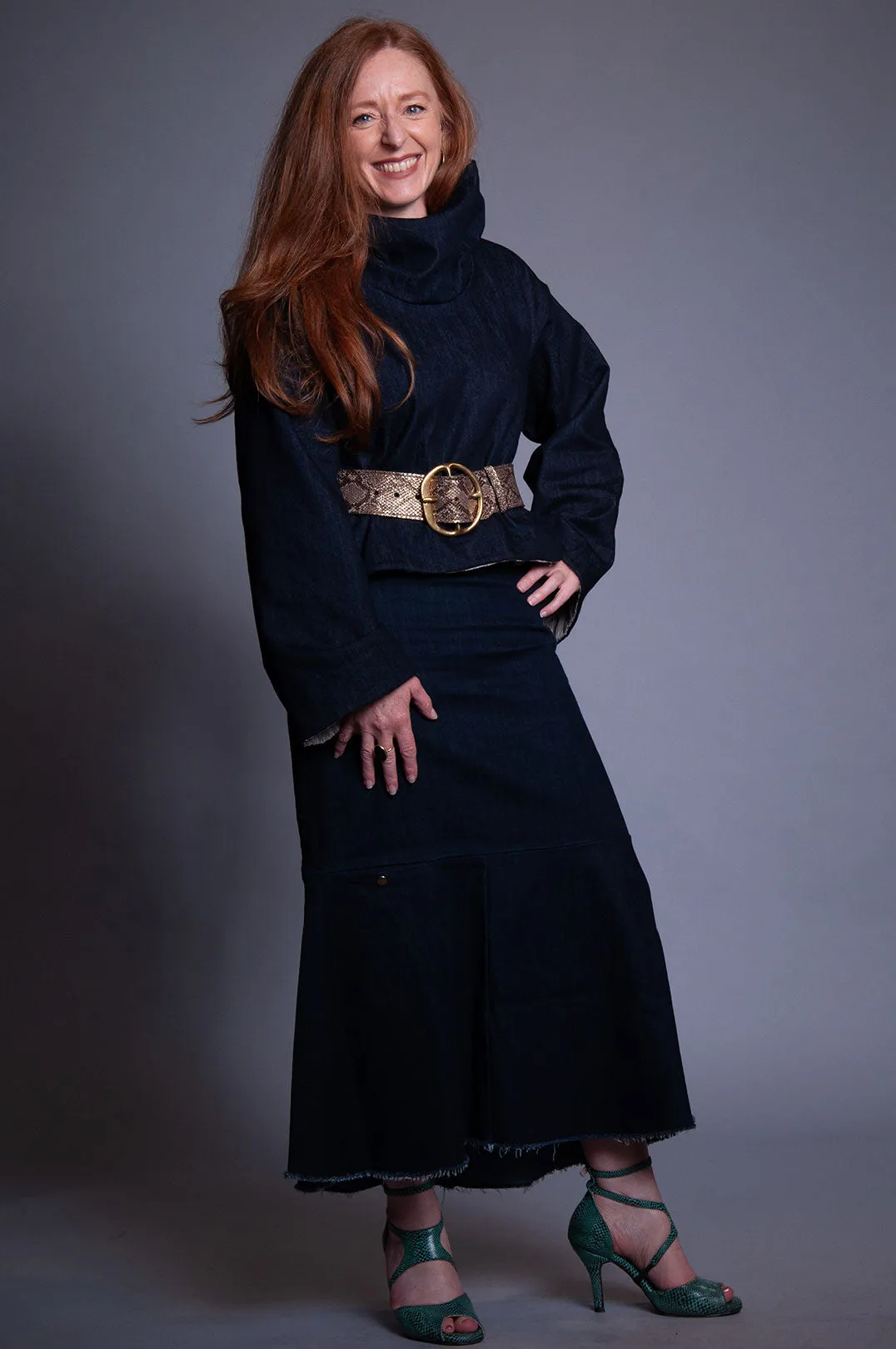 Reversible Cowl Neck Pullover - Intense Denim & Quilted Stripe