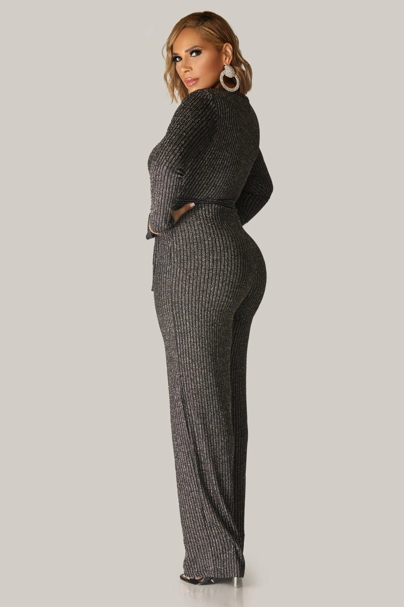 Rory Sexy V Neck Sparkly Long Sleeves Cocktail Jumpsuit with Belt