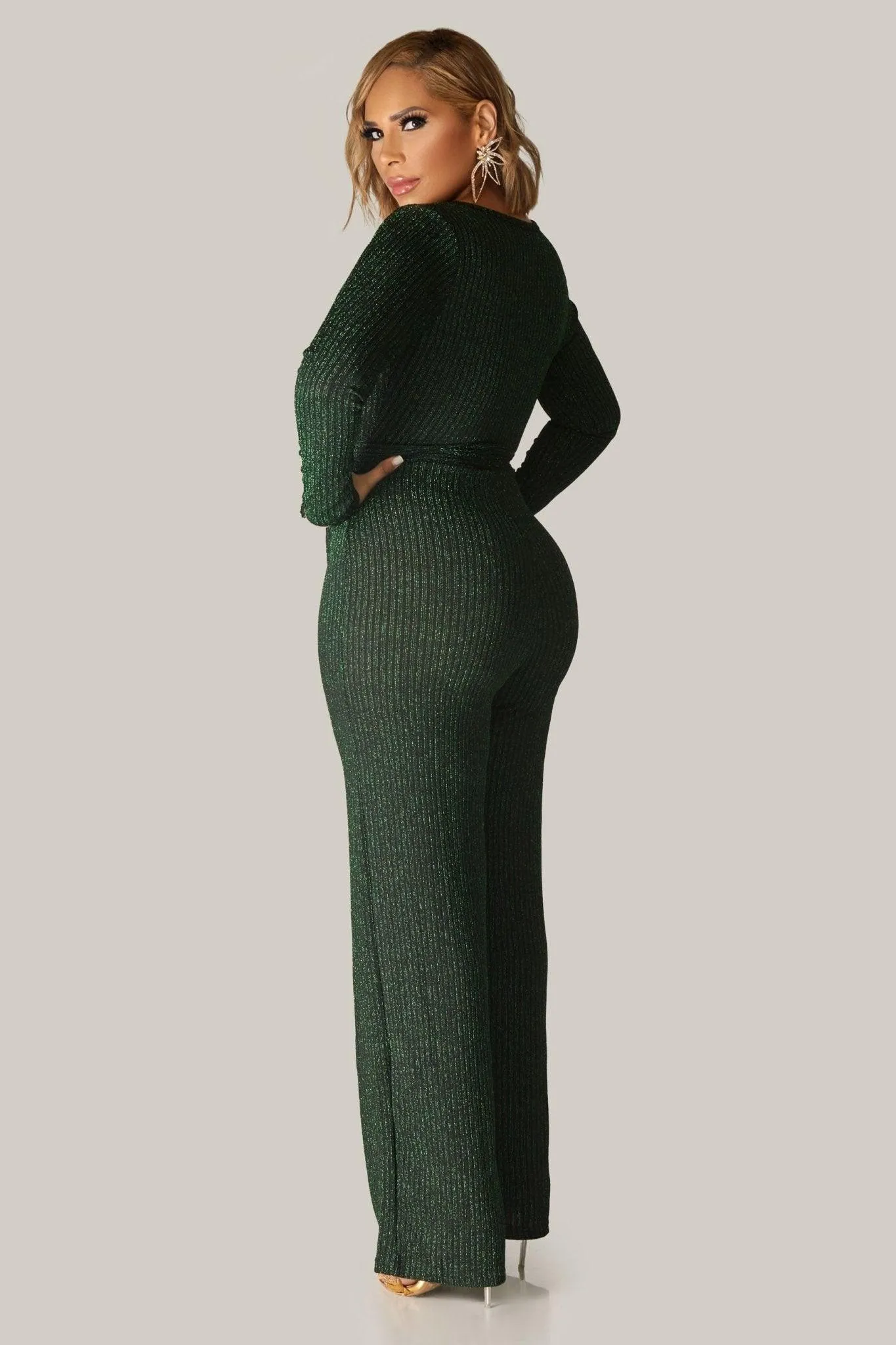 Rory Sexy V Neck Sparkly Long Sleeves Cocktail Jumpsuit with Belt