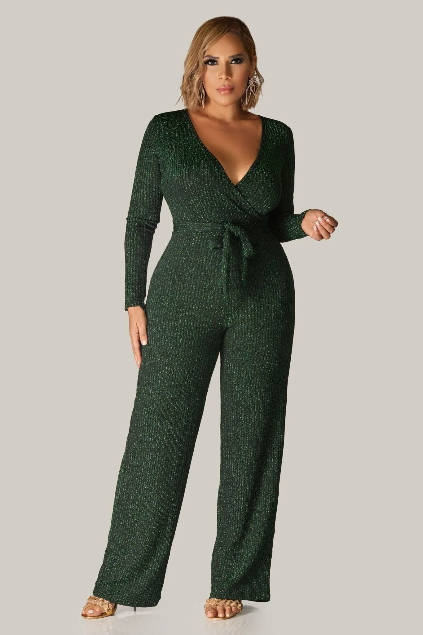 Rory Sexy V Neck Sparkly Long Sleeves Cocktail Jumpsuit with Belt