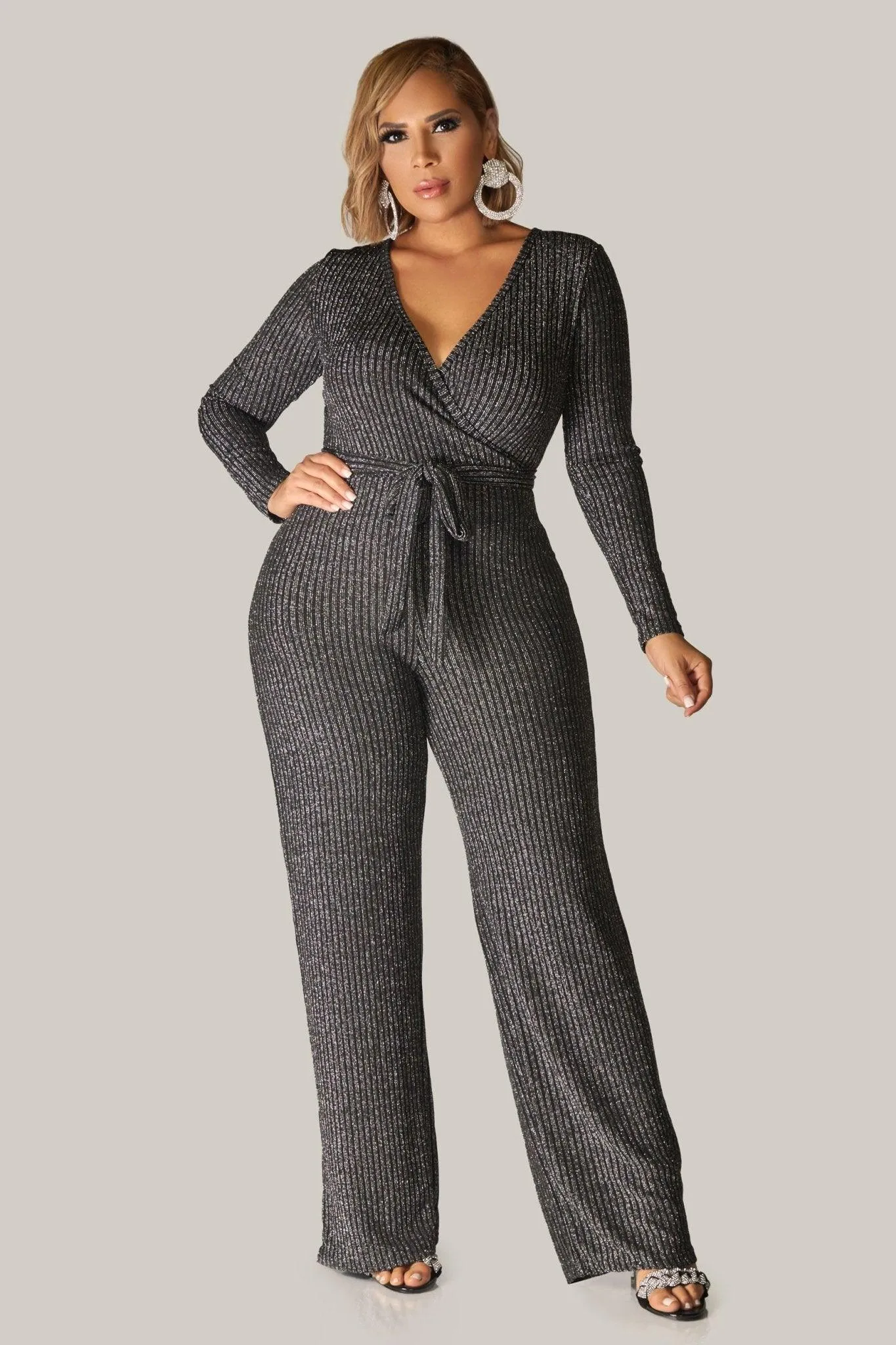 Rory Sexy V Neck Sparkly Long Sleeves Cocktail Jumpsuit with Belt