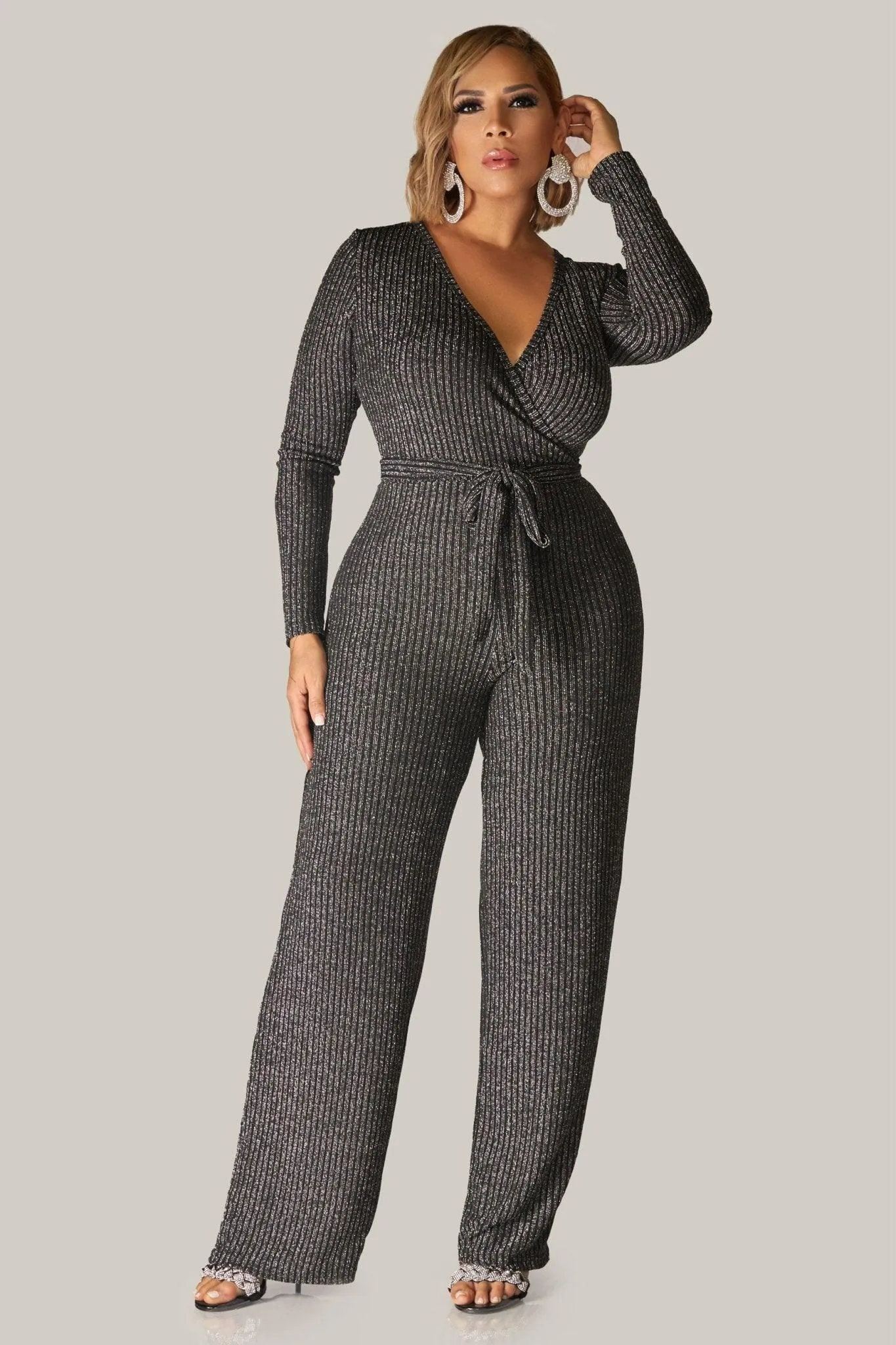 Rory Sexy V Neck Sparkly Long Sleeves Cocktail Jumpsuit with Belt