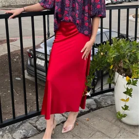 Satin Effect Red Satin Midi Skirt