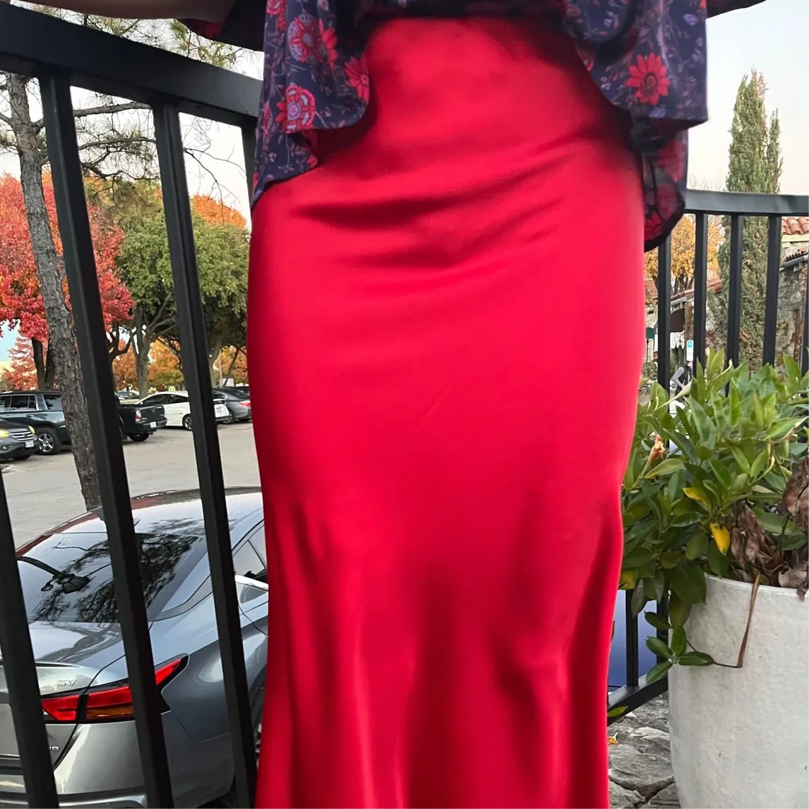 Satin Effect Red Satin Midi Skirt