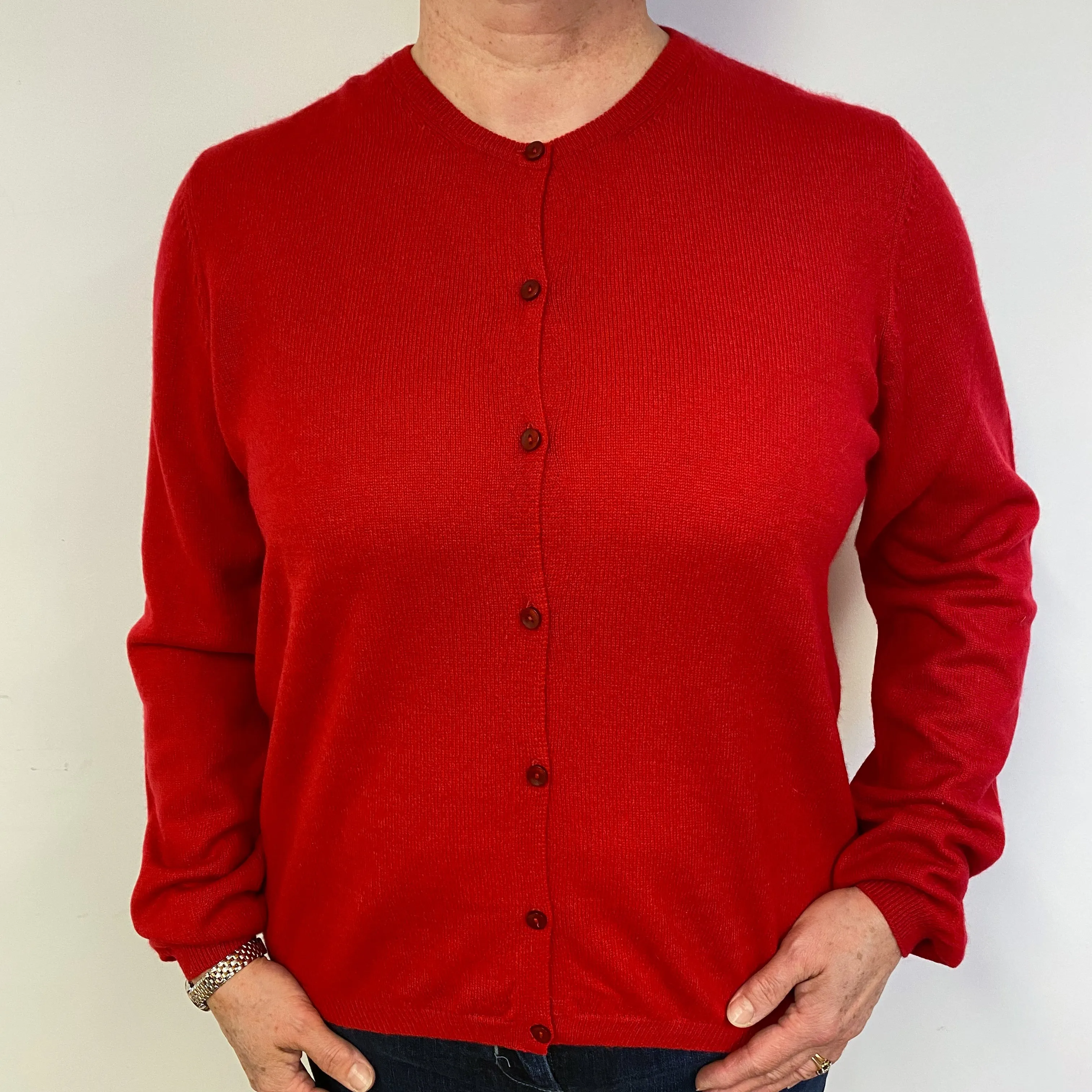 Scarlet Red Cashmere Crew Neck Cardigan Large.