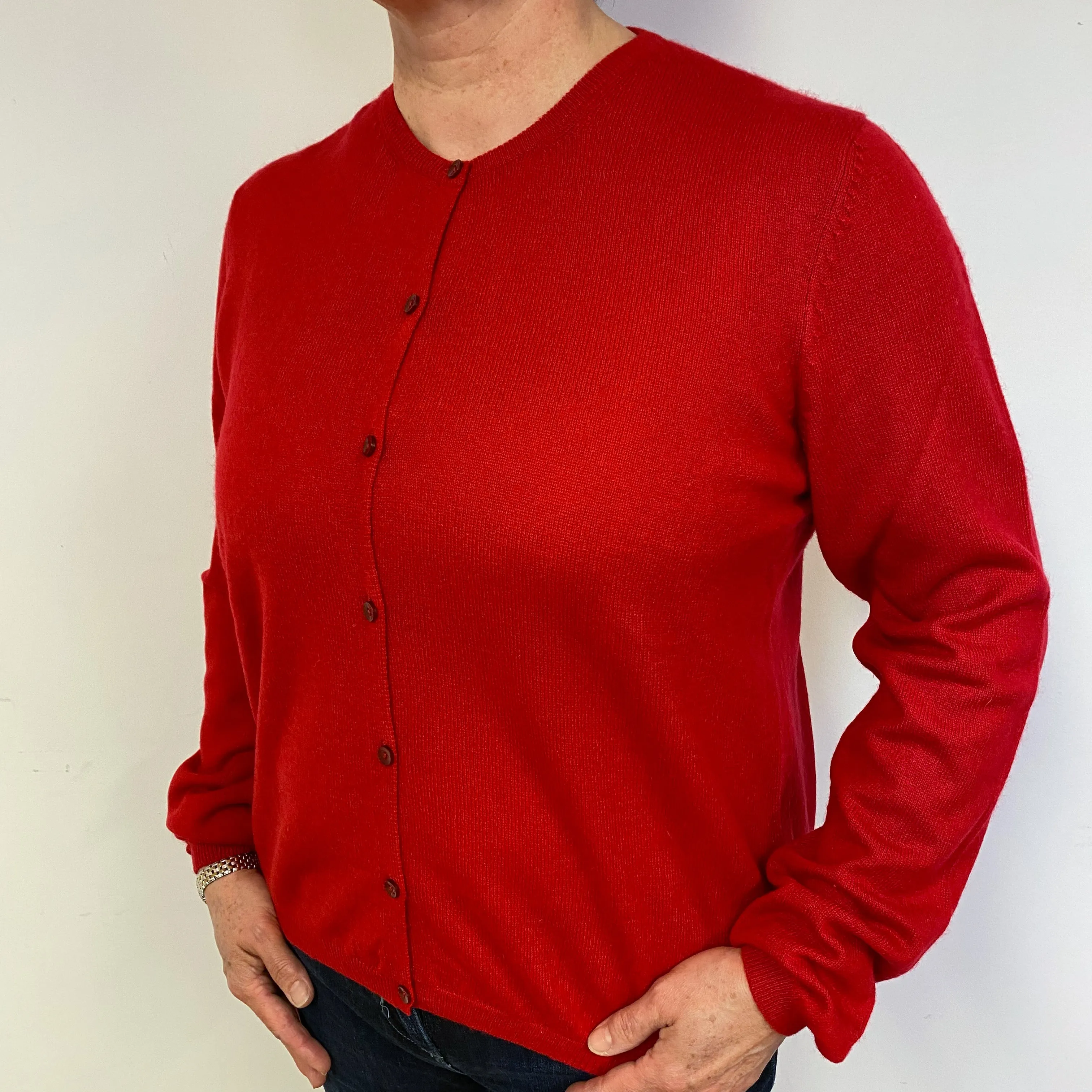 Scarlet Red Cashmere Crew Neck Cardigan Large.
