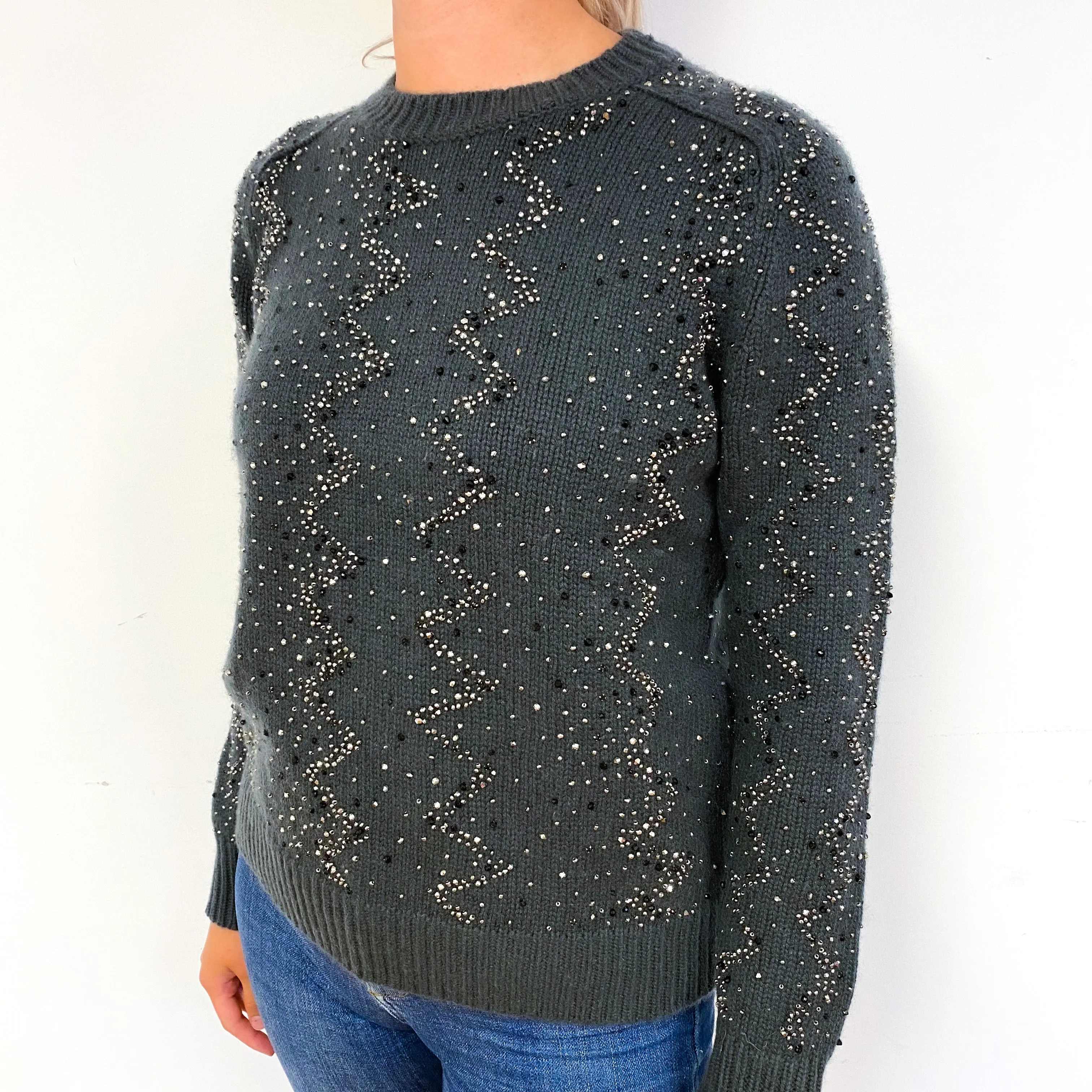 Slate Grey Chunky Embellished Cashmere Crew Neck Jumper Small