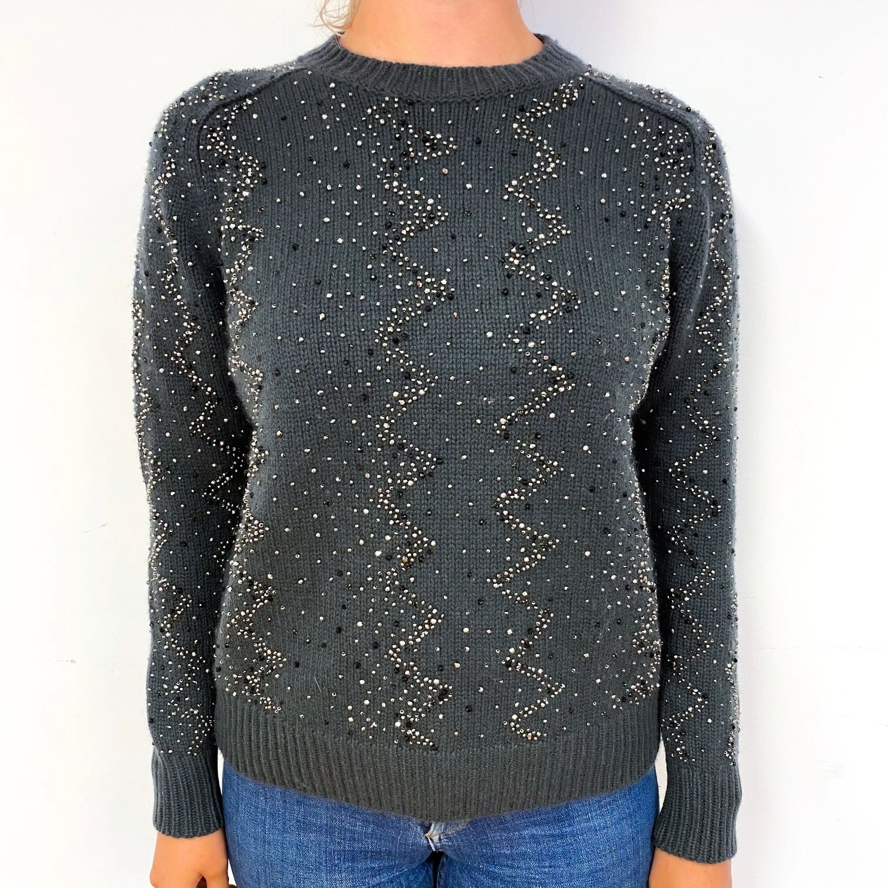 Slate Grey Chunky Embellished Cashmere Crew Neck Jumper Small