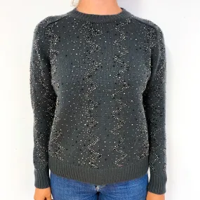 Slate Grey Chunky Embellished Cashmere Crew Neck Jumper Small