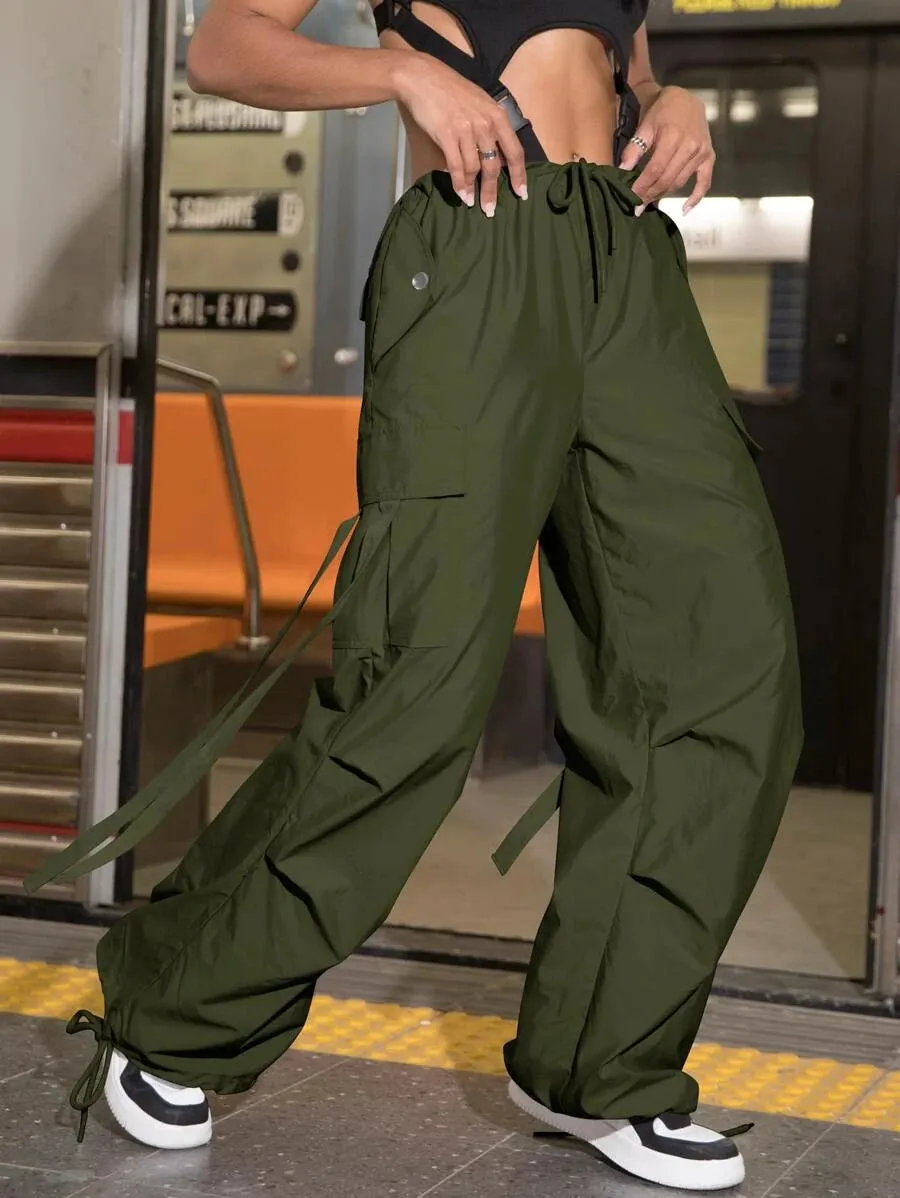 Street Vibes 90s Flap Pocket Drawstring Hem Cargo Parachute Pants