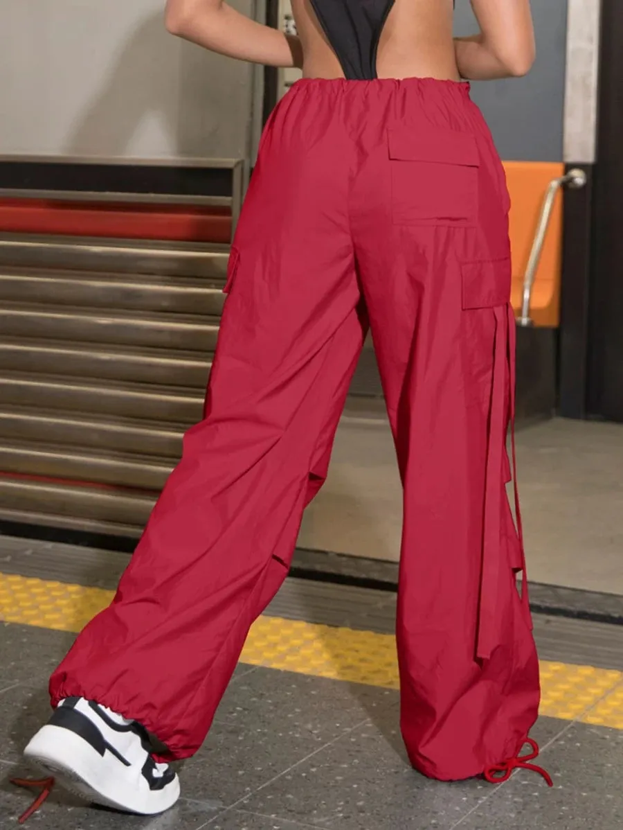 Street Vibes 90s Flap Pocket Drawstring Hem Cargo Parachute Pants