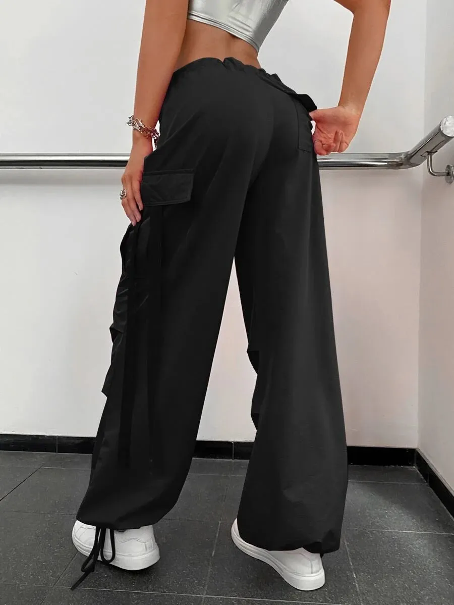 Street Vibes 90s Flap Pocket Drawstring Hem Cargo Parachute Pants