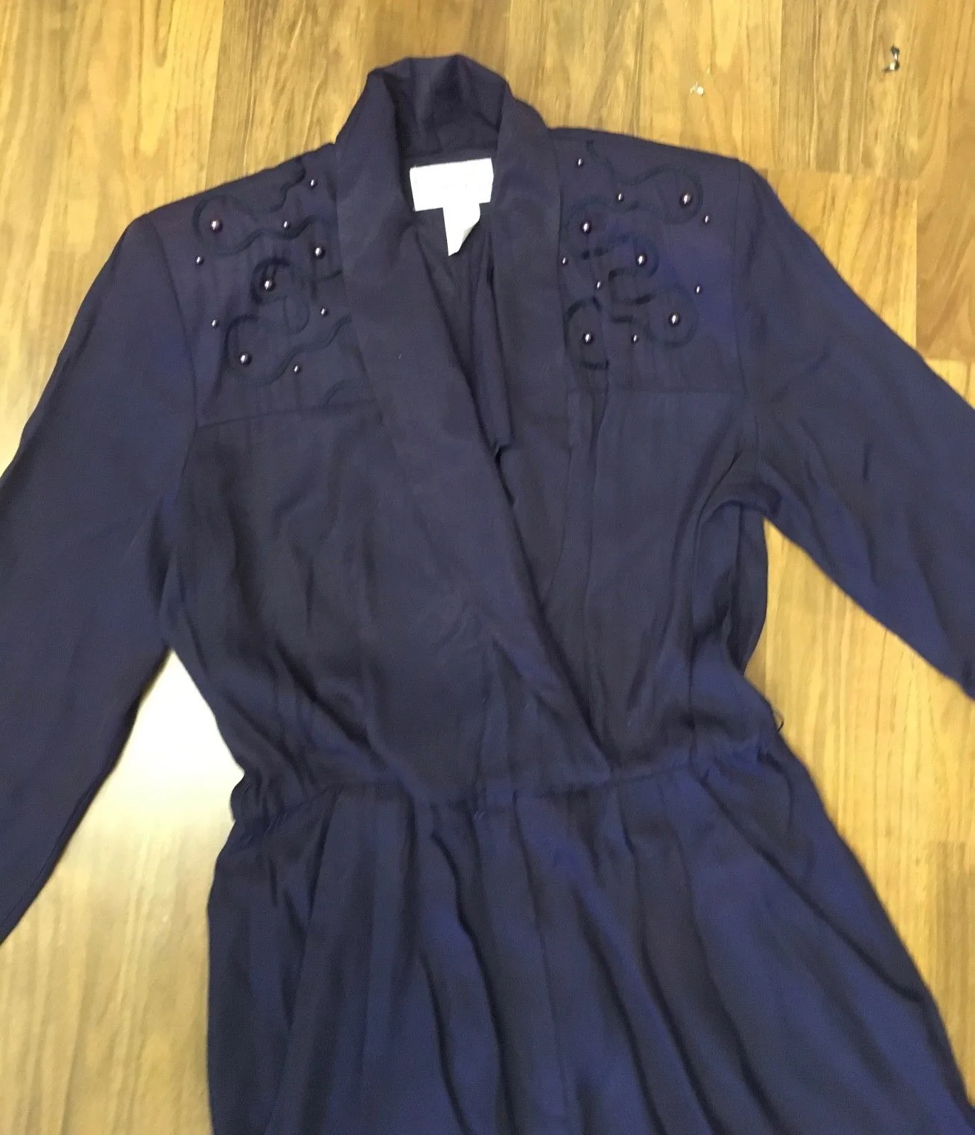 Vintage 80s 1980s boho navy blue beaded jumpsuit sleek evening party cocktail M