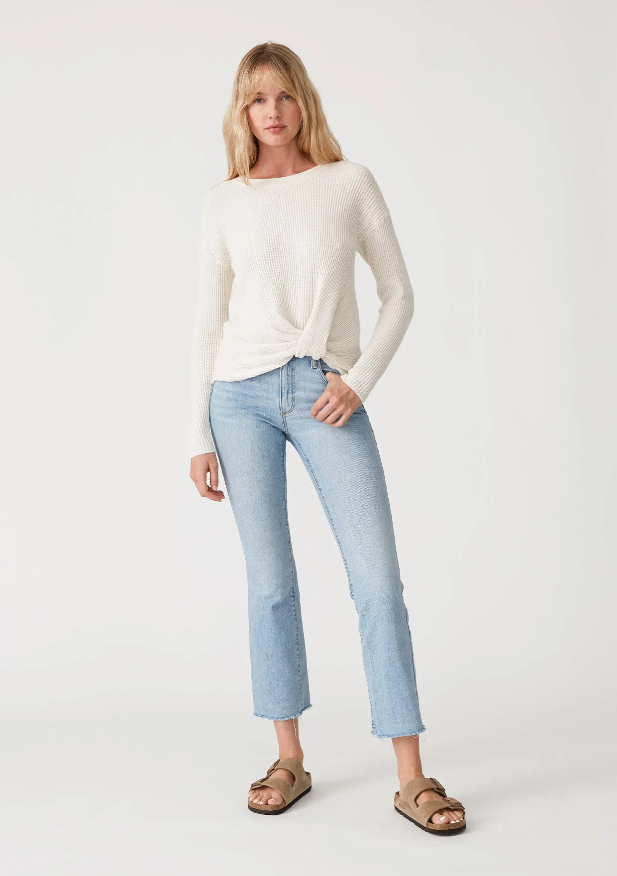 Waffle Knit Crew Neck Front Knot Pullover Sweater