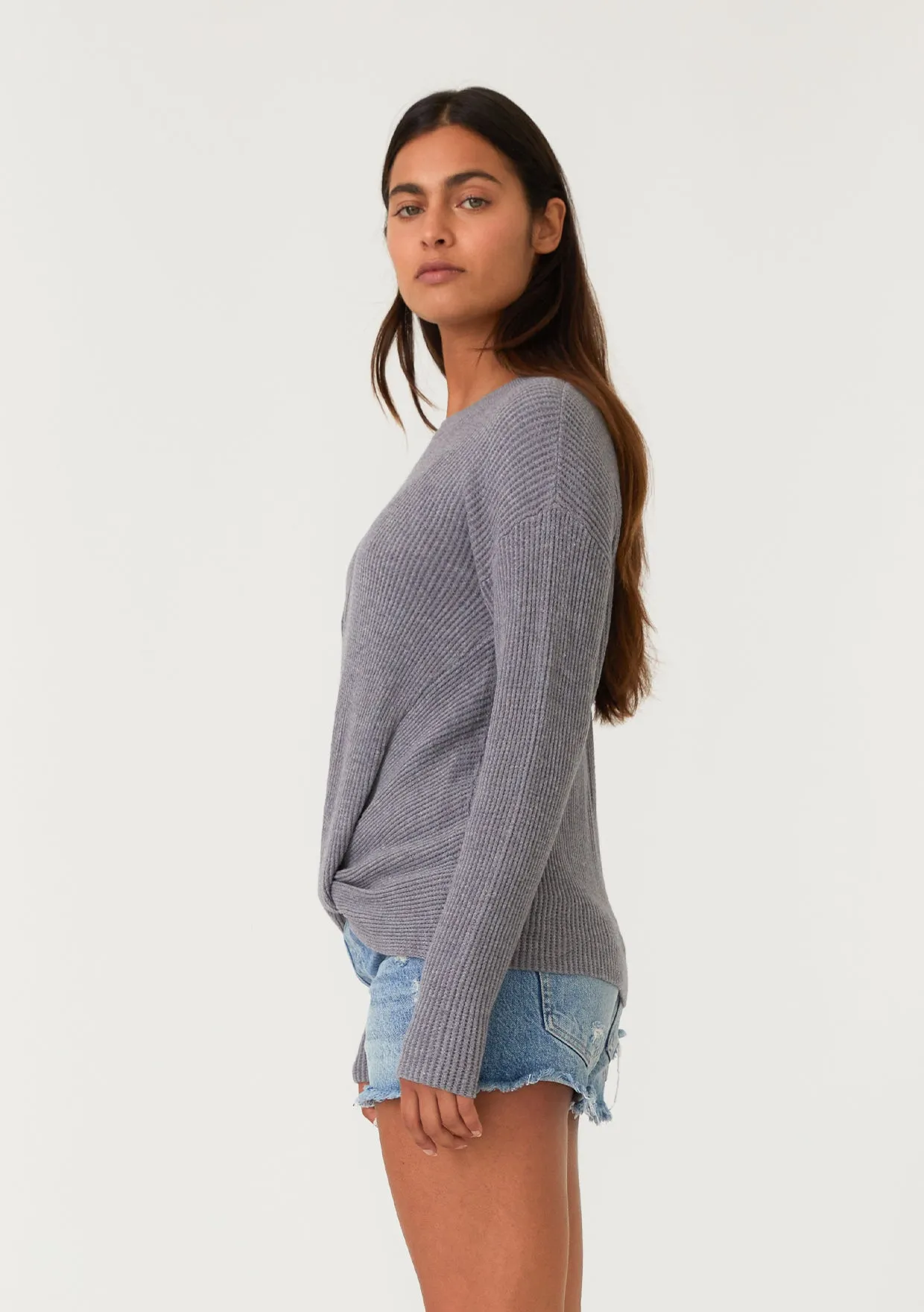 Waffle Knit Crew Neck Front Knot Pullover Sweater