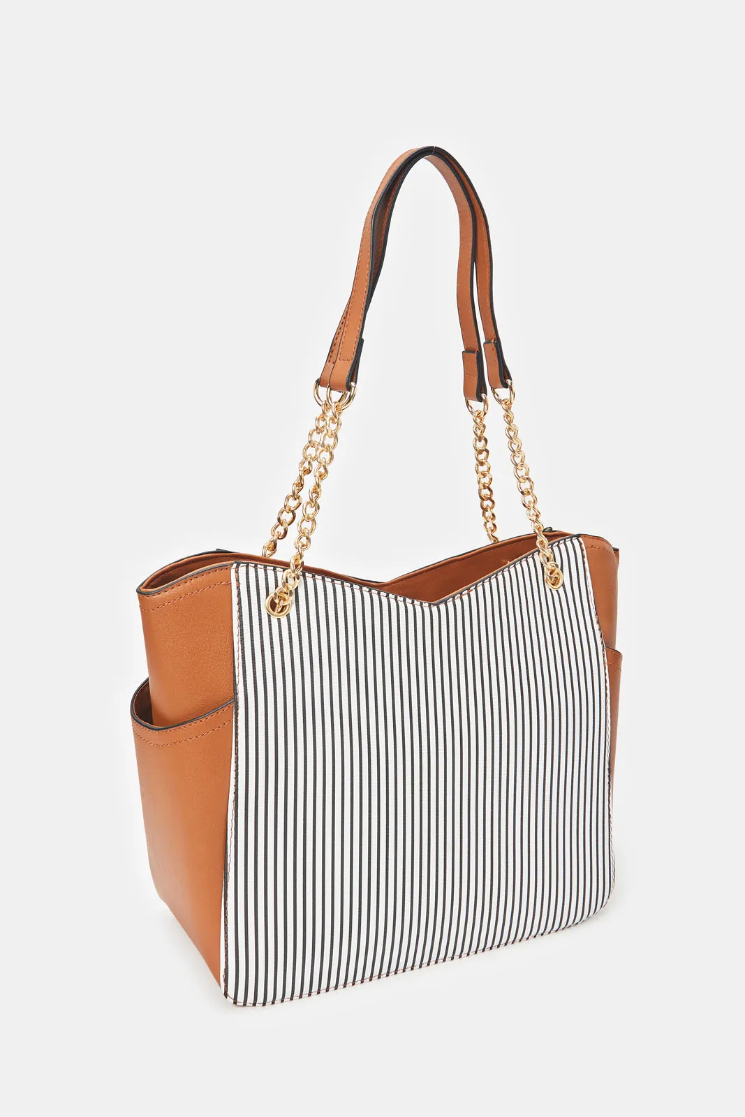 Women Beige Striped Tote Bag