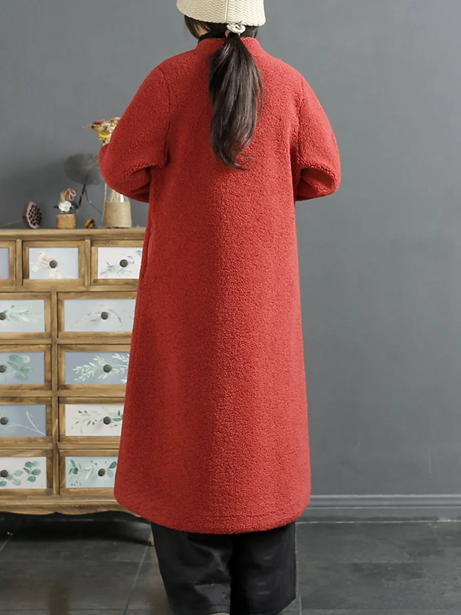 Women Ethnic Embroidery Winter Fleece Long Coat