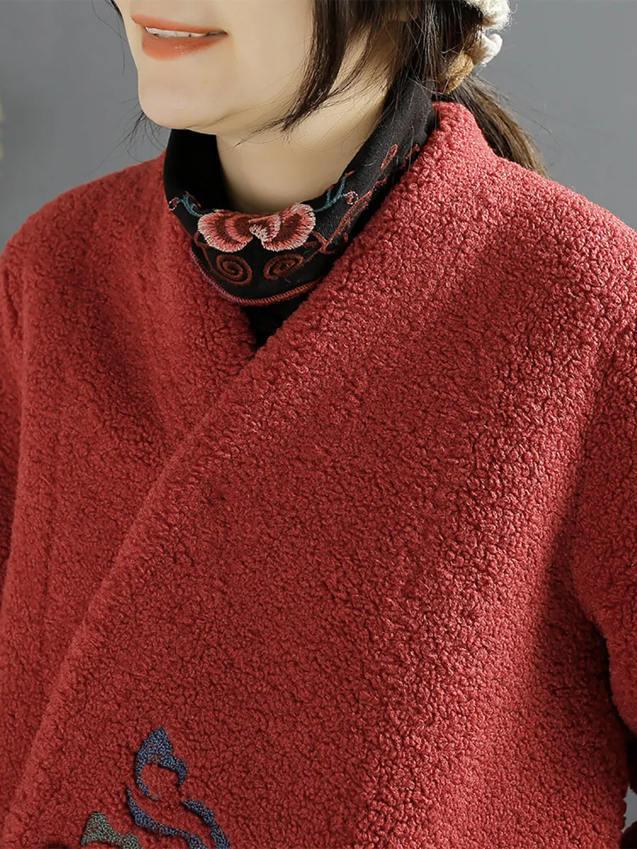 Women Ethnic Embroidery Winter Fleece Long Coat