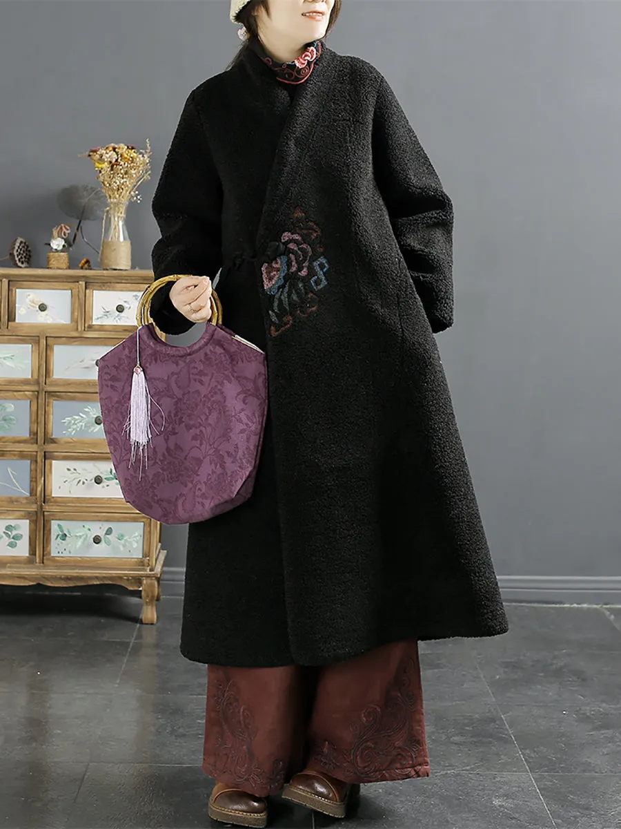 Women Ethnic Embroidery Winter Fleece Long Coat