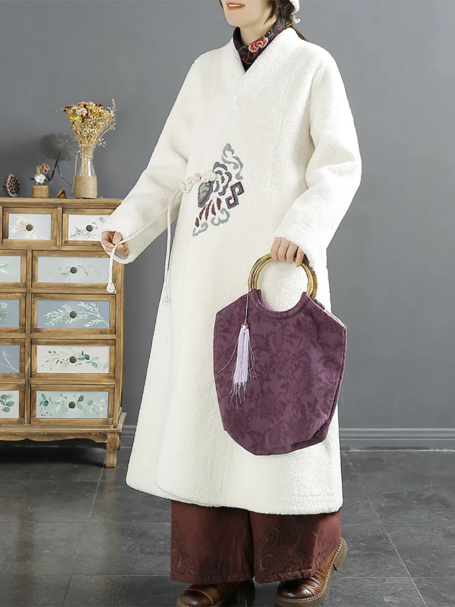 Women Ethnic Embroidery Winter Fleece Long Coat