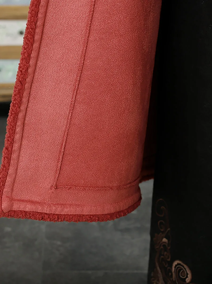 Women Ethnic Embroidery Winter Fleece Long Coat