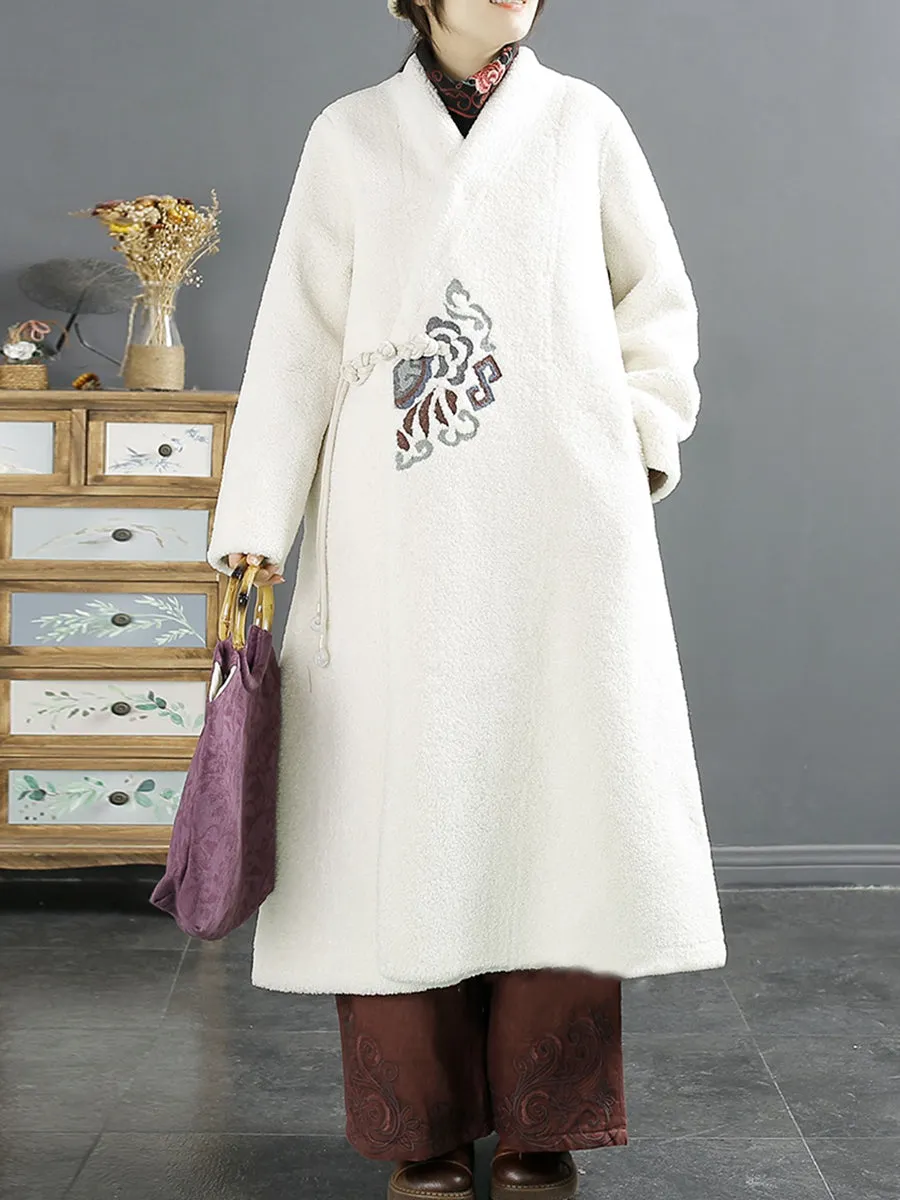 Women Ethnic Embroidery Winter Fleece Long Coat