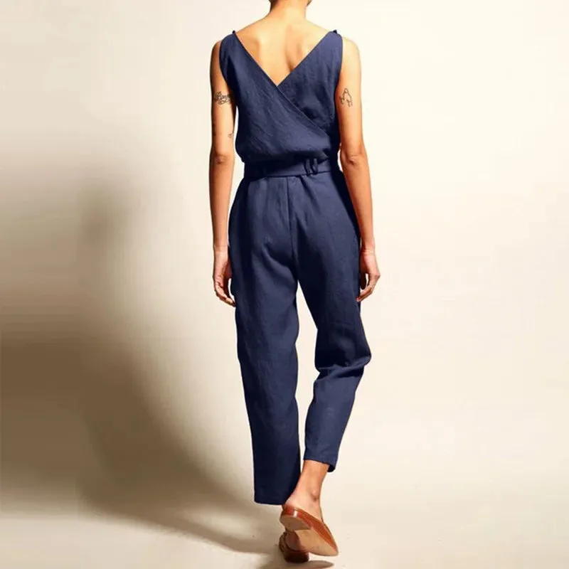 Women Fashion Sleeveless Solid Simple Beach Loose Jumpsuits Women's Elegant Office Comfortable Trousers New Long Jumpsuit