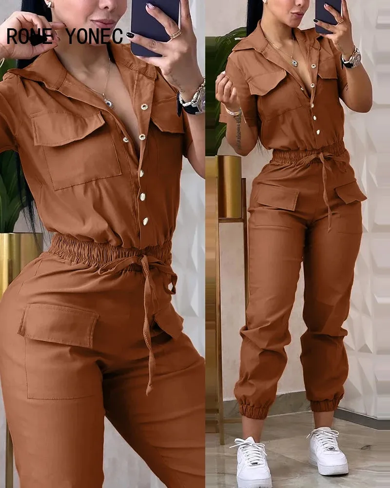Women Solid Turn Down Collar Elastic Waist Drawstring