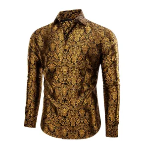 YourTies Golden Shirt Black Jacquard Floral Leaf Men Long Sleeve Shirt