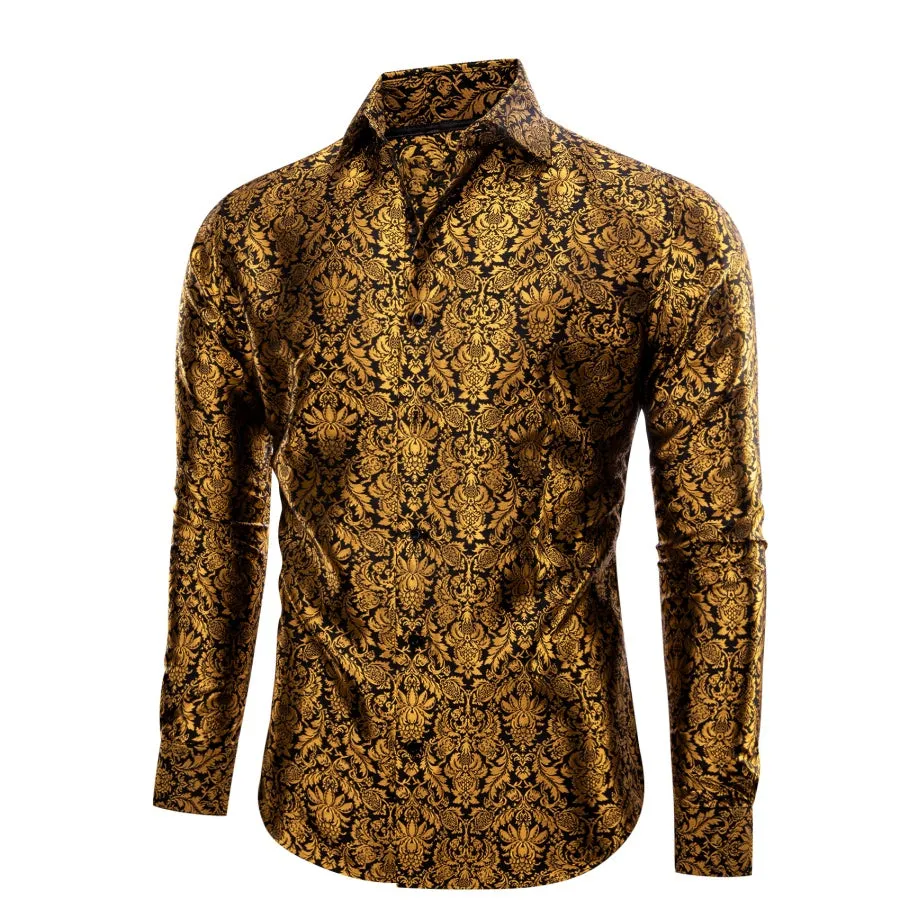 YourTies Golden Shirt Black Jacquard Floral Leaf Men Long Sleeve Shirt