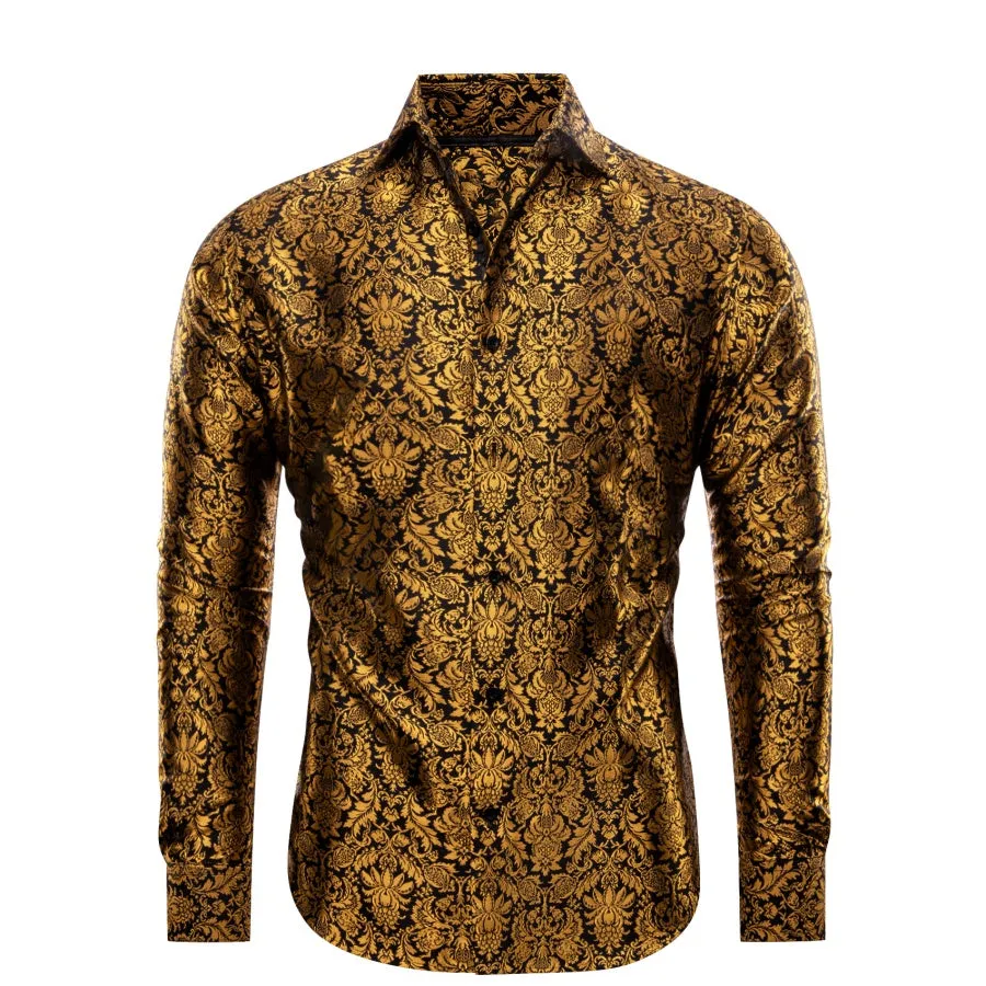 YourTies Golden Shirt Black Jacquard Floral Leaf Men Long Sleeve Shirt